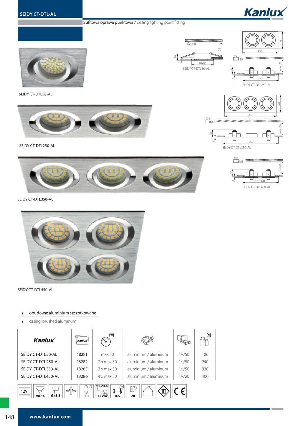 szczotkowane casing: brushed aluminum SEIDY CT-DTL50-AL 18281 max 50 aluminium / aluminum 1/-/50 106 SEIDY CT-DTL250-AL 18282 2 x max 50 aluminium / aluminum 1/-/50 240