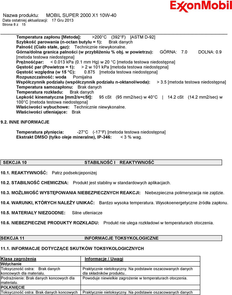 1 mm Hg) w 20 C [metoda testowa niedostępna] Gęstość par (Powietrze = 1): > 2 w 101 kpa [metoda testowa niedostępna] Gęstość względna (w 15 C): 0.