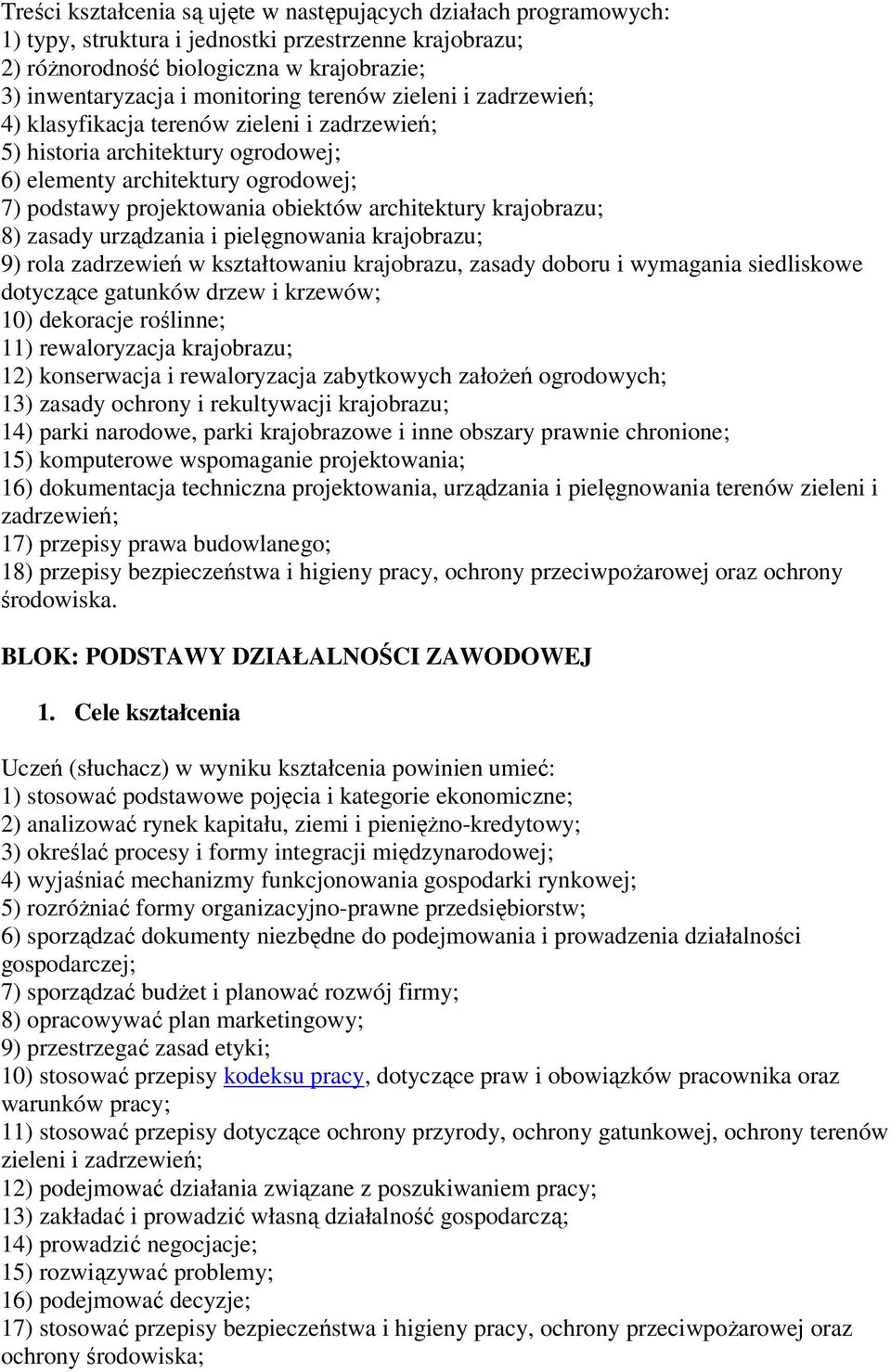 krajobrazu; 8) zasady urządzania i pielęgnowania krajobrazu; 9) rola zadrzewień w kształtowaniu krajobrazu, zasady doboru i wymagania siedliskowe dotyczące gatunków drzew i krzewów; 10) dekoracje