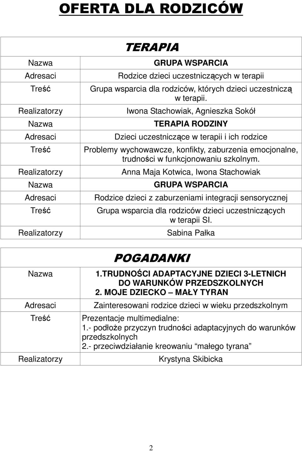 Anna Maja Kotwica, GRUPA WSPARCIA Rodzice dzieci z zaburzeniami integracji sensorycznej Grupa wsparcia dla rodziców dzieci uczestniczących w terapii SI. POGADANKI 1.