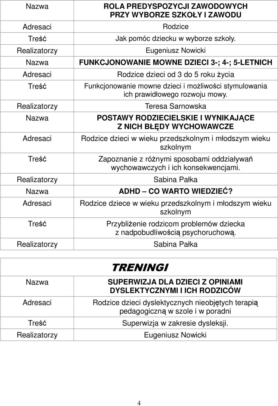 Teresa Sarnowska POSTAWY RODZIECIELSKIE I WYNIKAJĄCE Z NICH BŁĘDY WYCHOWAWCZE Rodzice dzieci w wieku przedszkolnym i młodszym wieku szkolnym Zapoznanie z róŝnymi sposobami oddziaływań wychowawczych i