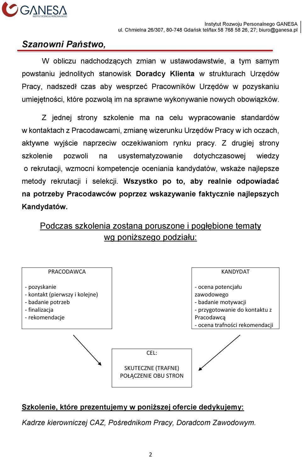 Z jednej strony szkolenie ma na celu wypracowanie standardów w kontaktach z Pracodawcami, zmianę wizerunku Urzędów Pracy w ich oczach, aktywne wyjście naprzeciw oczekiwaniom rynku pracy.