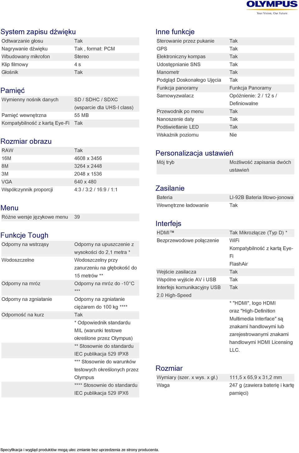 wewnętrzna 55 MB Kompatybilność z kartą Eye-Fi Rozmiar obrazu RAW 16M 4608 x 3456 8M 3264 x 2448 3M 2048 x 1536 VGA 640 x 480 Współczynnik proporcji 4:3 / 3:2 / 16:9 / 1:1 Menu Różne wersje językowe