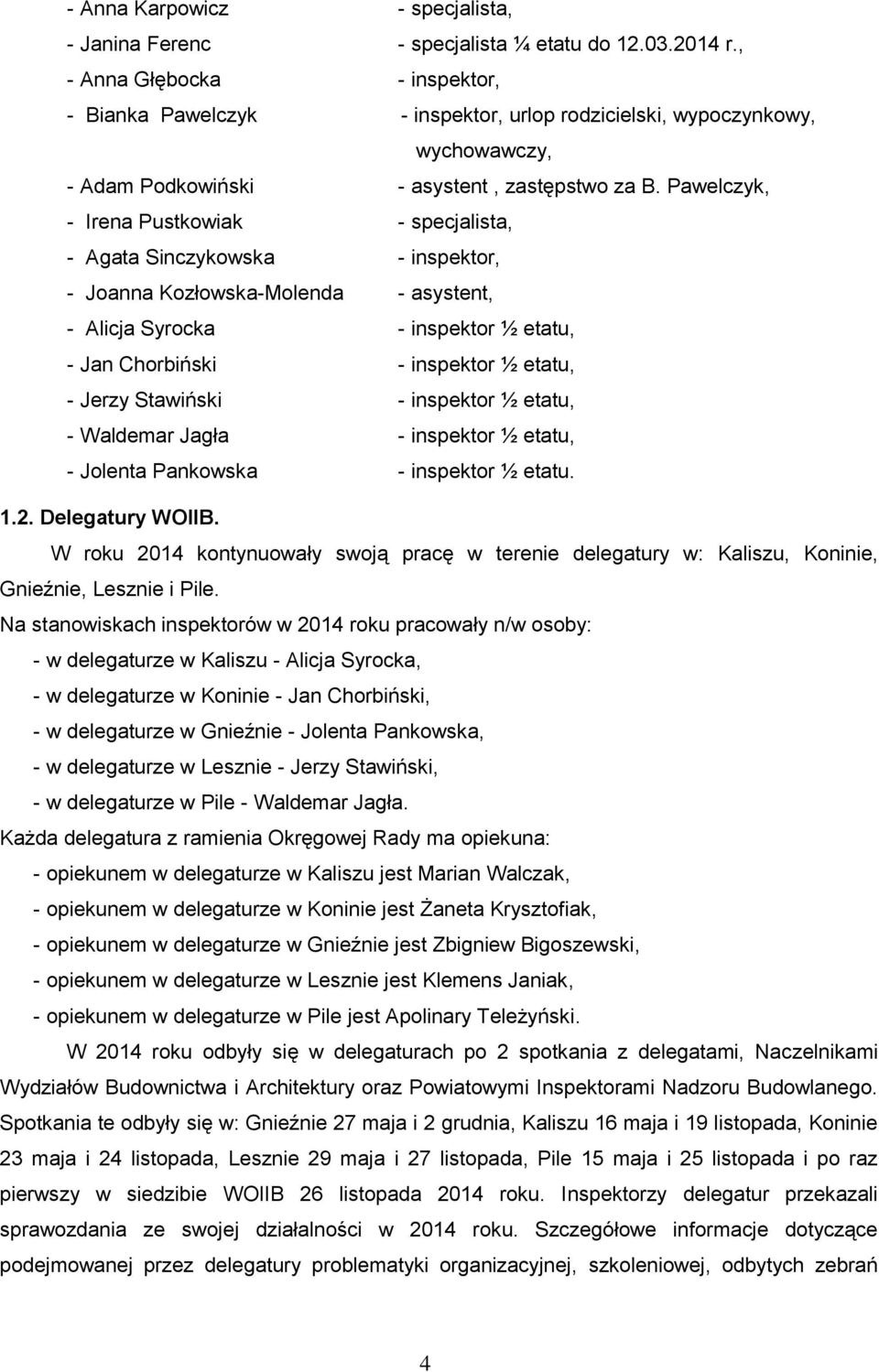 Pawelczyk, - Irena Pustkowiak - specjalista, - Agata Sinczykowska - inspektor, - Joanna Kozłowska-Molenda - asystent, - Alicja Syrocka - inspektor ½ etatu, - Jan Chorbiński - inspektor ½ etatu, -