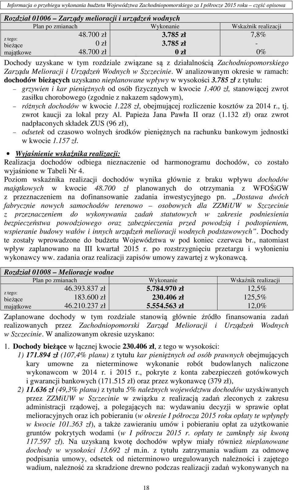 W analizowanym okresie w ramach: dochodów bieżących uzyskano nieplanowane wpływy w wysokości 3.785 zł z tytułu: grzywien i kar pieniężnych od osób fizycznych w kwocie 1.