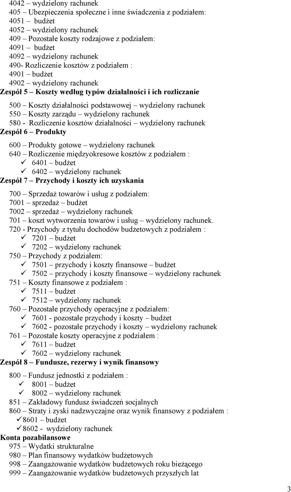 rachunek 550 Koszty zarządu wydzielony rachunek 580 - Rozliczenie kosztów działalności wydzielony rachunek Zespół 6 Produkty 600 Produkty gotowe wydzielony rachunek 640 Rozliczenie międzyokresowe