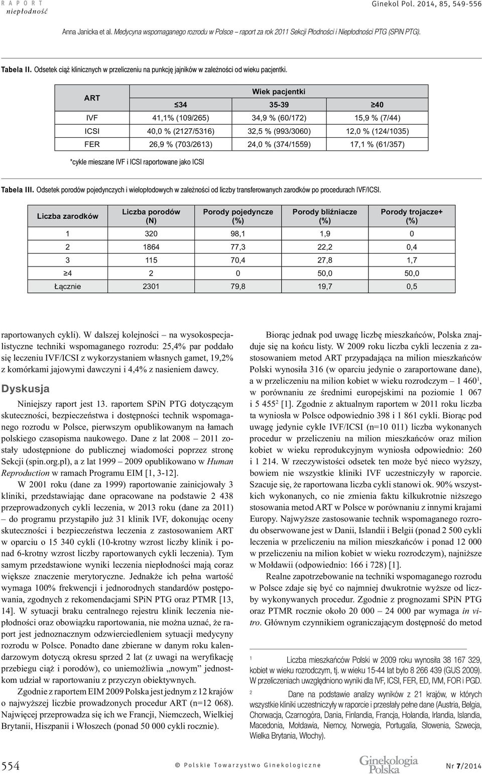 ICSI raportowane jako ICSI Tabela III. Odsetek porodów pojedynczych i wielopłodowych w zależności od liczby transferowanych zarodków po procedurach IVF/ICSI.