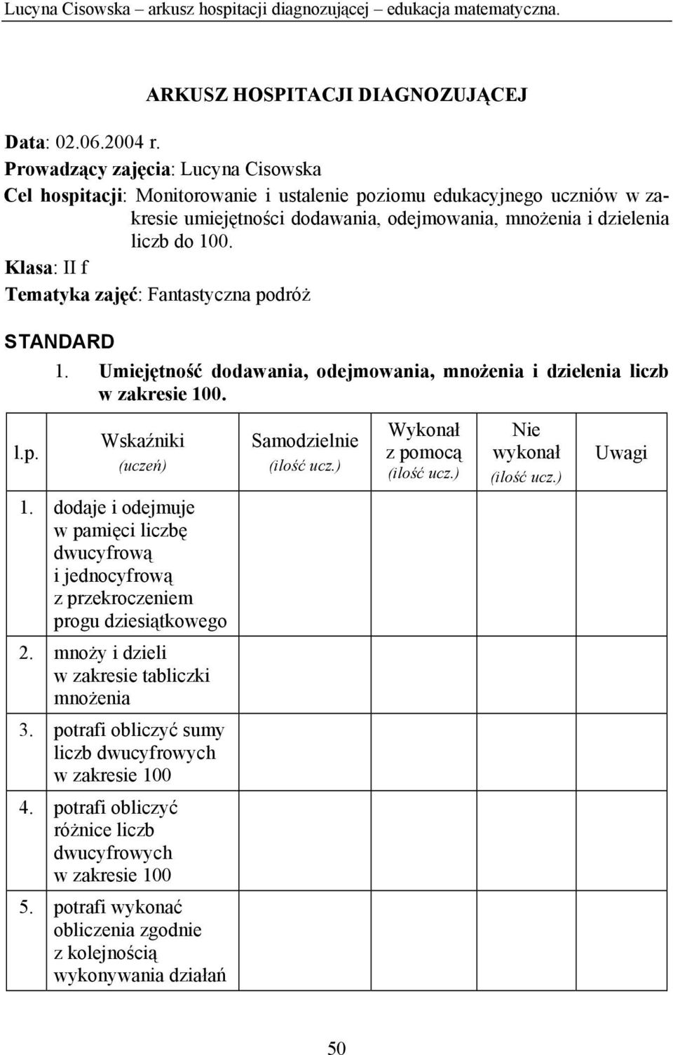 Klasa: II f Tematyka zajęć: Fantastyczna podróż STANDARD 1. Umiejętność dodawania, odejmowania, mnożenia i dzielenia liczb w zakresie 100. l.p. Wskaźniki (uczeń) Samodzielnie (ilość ucz.