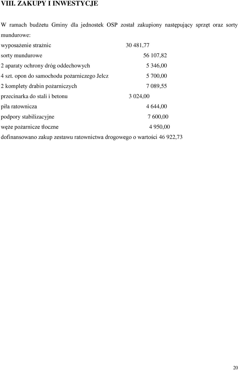 opon do samochodu pożarniczego Jelcz 5 700,00 2 komplety drabin pożarniczych 7 089,55 przecinarka do stali i betonu 3 024,00 piła