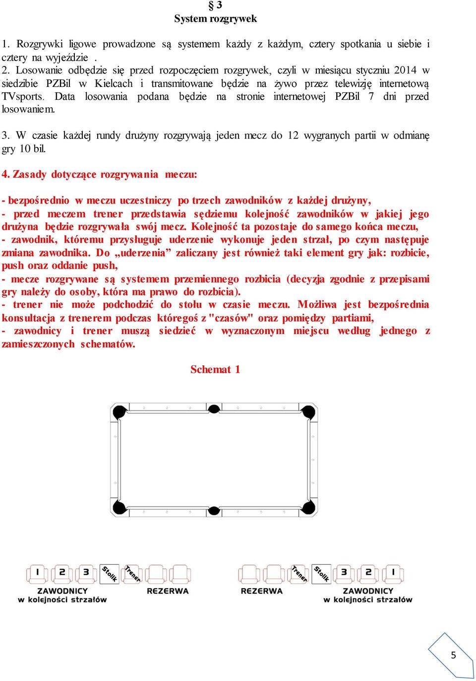 Data losowania podana będzie na stronie internetowej PZBil 7 dni przed losowaniem. 3. W czasie każdej rundy drużyny rozgrywają jeden mecz do 12 wygranych partii w odmianę gry 10 bil. 4.