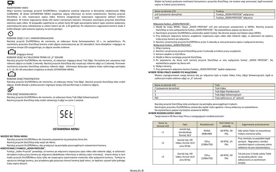 Kamera zasygnalizuje rozpoczęcie nagrywania jednym krótkim dźwiękiem. W trakcie nagrywania dioda LED świeci czerwonym kolorem. Ponowne naciśnięcie przycisku Start/Stop zakooczy zapis video.