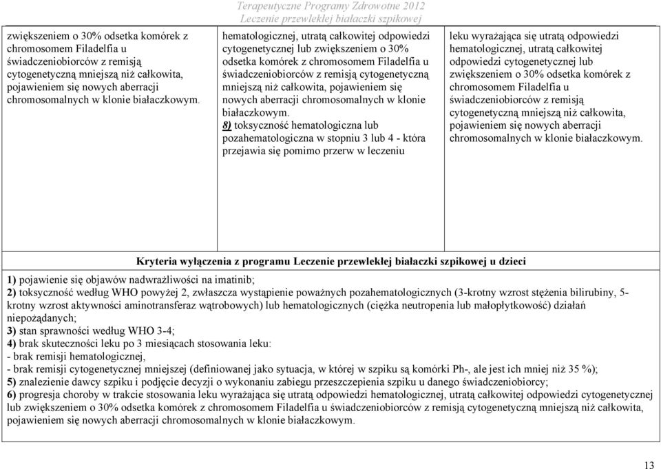 8) toksyczność hematologiczna lub pozahematologiczna w stopniu 3 lub 4 - która przejawia się pomimo przerw w leczeniu leku wyrażająca się utratą odpowiedzi hematologicznej, utratą całkowitej