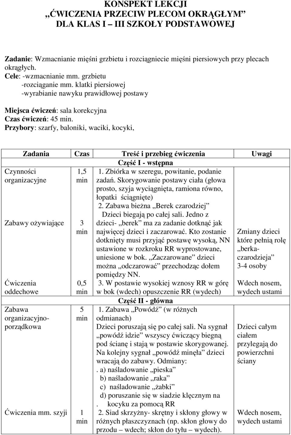 Przybory: szarfy, baloniki, waciki, kocyki, Zadania Czas Treść i przebieg ćwiczenia Uwagi Część I - wstępna organizacyjne Zabawy ożywiające organizacyjnoporządkowa mm. szyji 0,5 5.