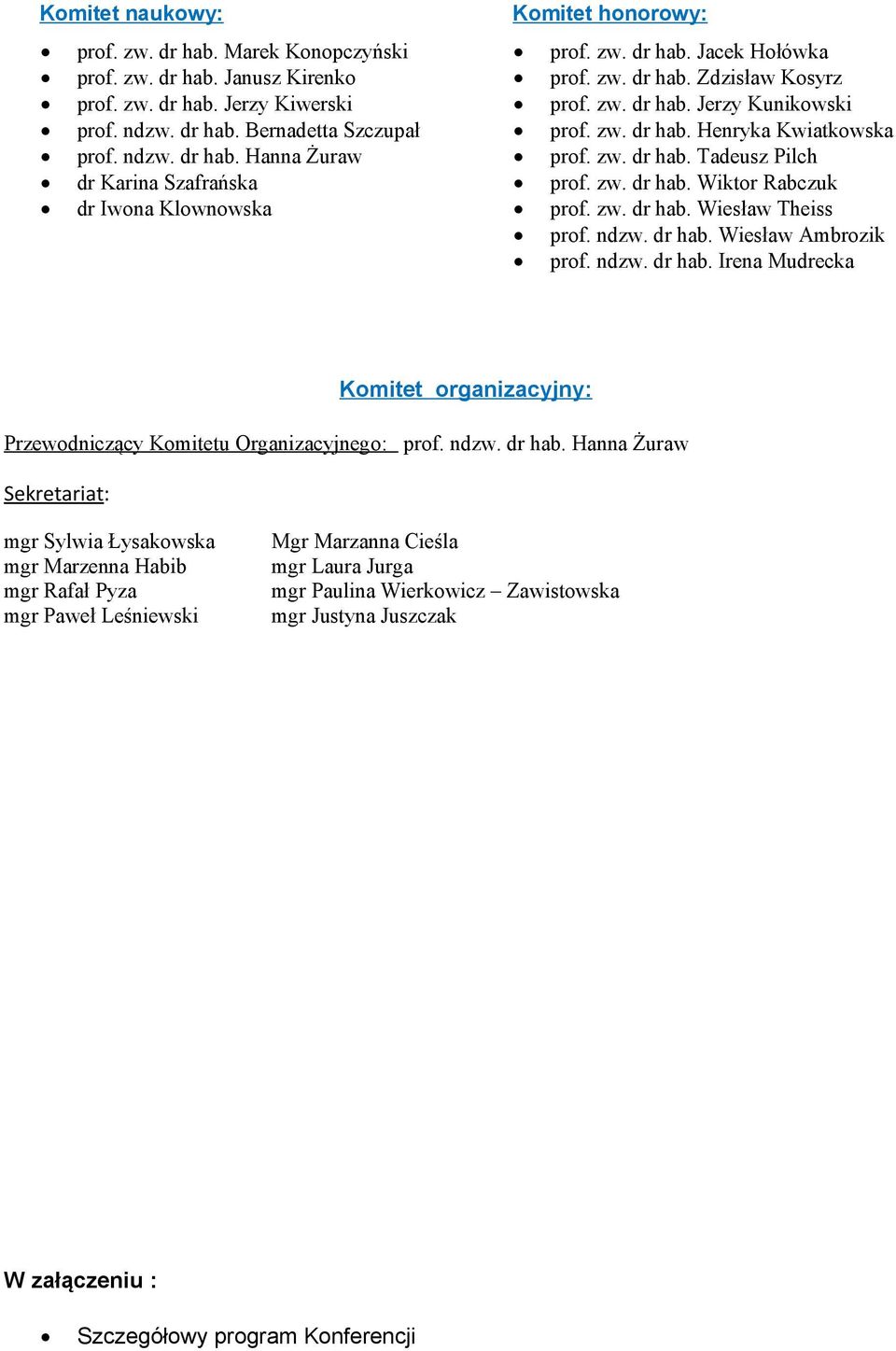 zw. dr hab. Wiktor Rabczuk dr Iwona Klownowska prof. zw. dr hab. Wiesław Theiss prof. ndzw. dr hab. Wiesław Ambrozik prof. ndzw. dr hab. Irena Mudrecka Komitet organizacyjny: Przewodniczący Komitetu Organizacyjnego: prof.