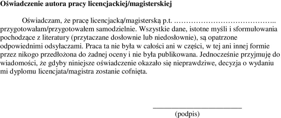 Praca ta nie była w całości ani w części, w tej ani innej formie przez nikogo przedłożona do żadnej oceny i nie była publikowana.