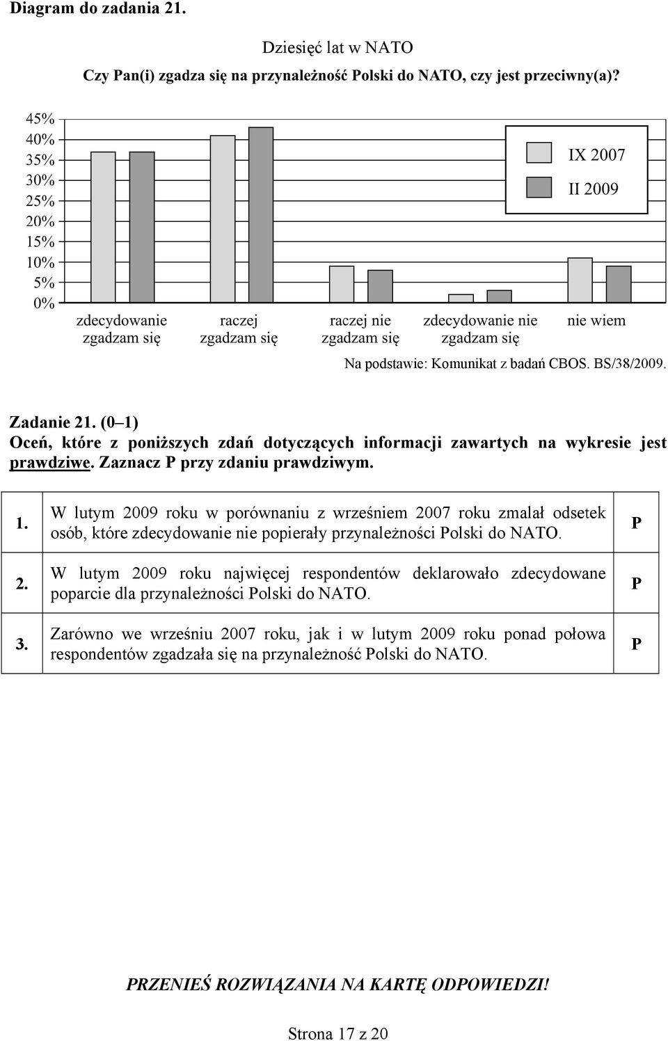 P 2. W lutym 2009 roku najwięcej respondentów deklarowało poparcie dla przynależności Polski do NATO. zdecydowane P 3.