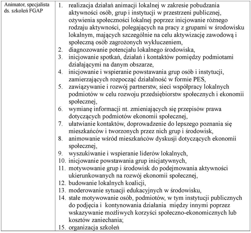 polegających na pracy z grupami w środowisku lokalnym, mających szczególnie na celu aktywizację zawodową i społeczną osób zagrożonych wykluczeniem, 2. diagnozowanie potencjału lokalnego środowiska, 3.