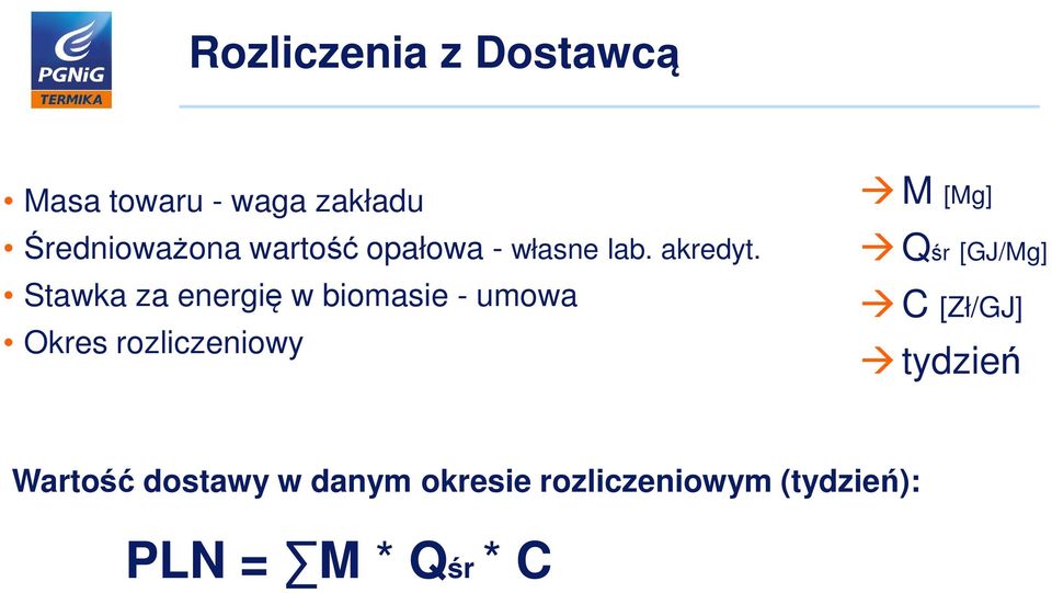 Stawka za energię w biomasie - umowa Okres rozliczeniowy M [Mg] Qśr