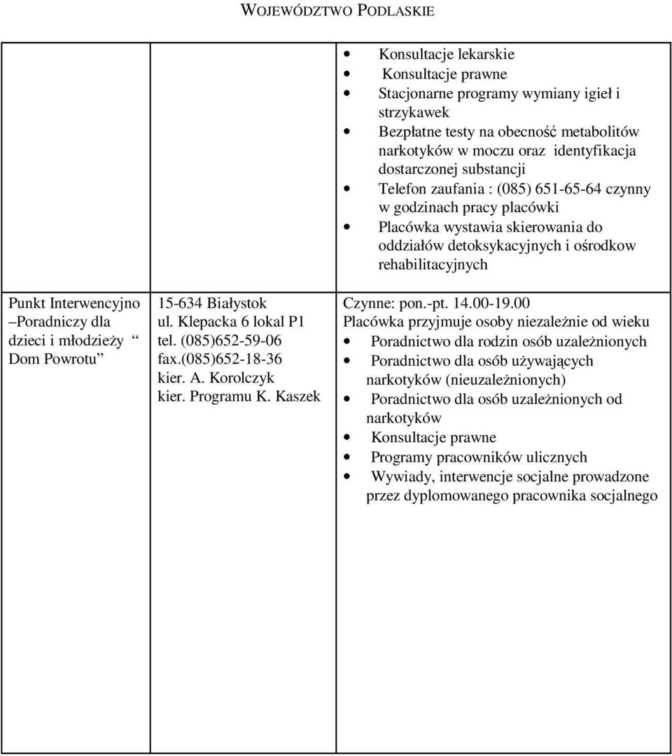 Białystok ul. Klepacka 6 lokal P1 tel. (085)652-59-06 fax.(085)652-18-36 kier. A. Korolczyk kier. Programu K. Kaszek Czynne: pon.-pt. 14.00-19.
