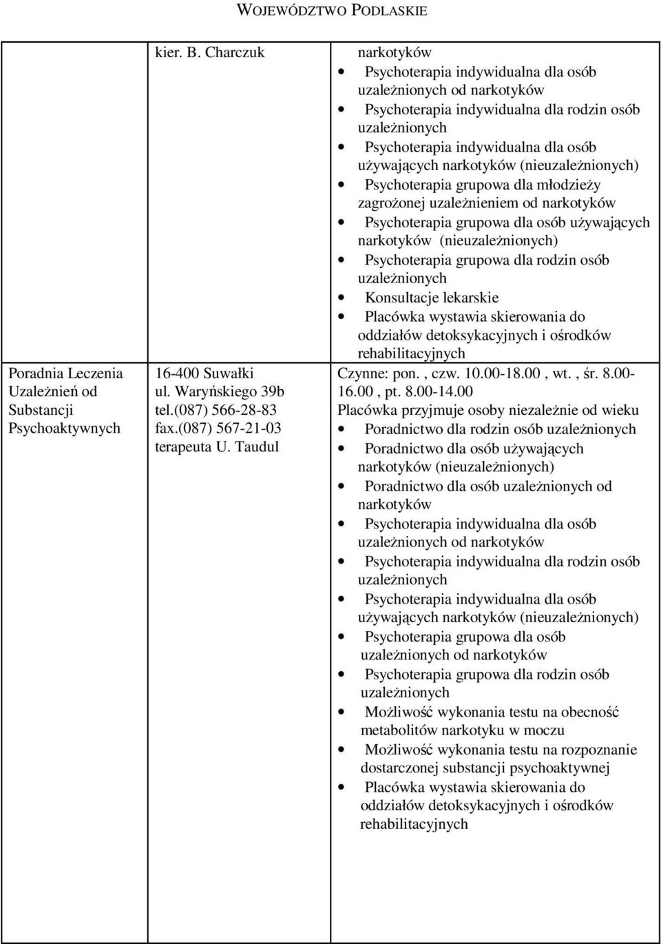 10.00-18.00, wt., śr. 8.00-16.00, pt. 8.00-14.