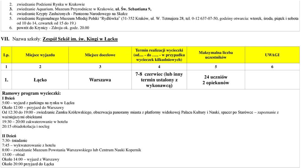 powrót do Krynicy - Zdroju ok. godz. 20.00 VII. Nazwa szkoły: Zespół Szkół im. św. Kingi w Łącku Maksymalna liczba uczestników 1.