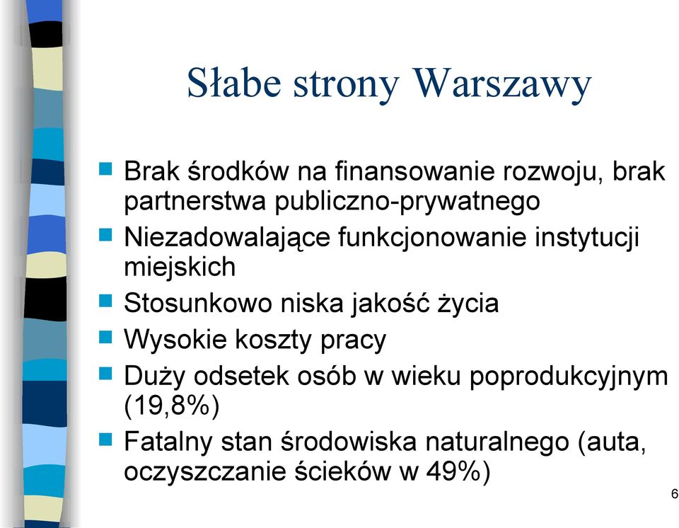 Stosunkowo niska jakość życia Wysokie koszty pracy Duży odsetek osób w wieku