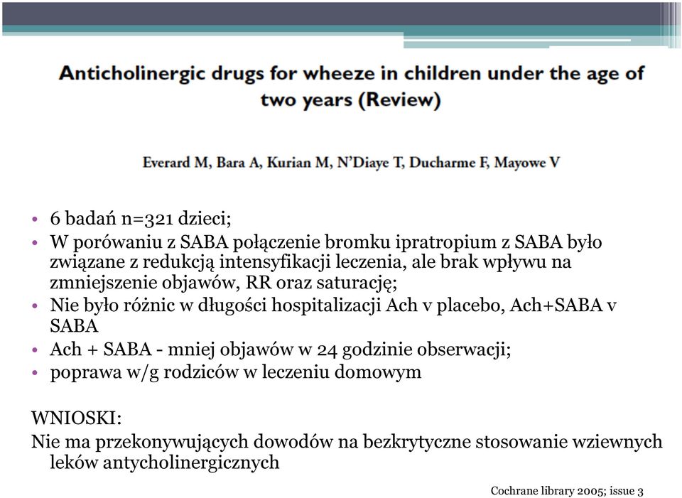 placebo, Ach+SABA v SABA Ach + SABA - mniej objawów w 24 godzinie obserwacji; poprawa w/g rodziców w leczeniu domowym