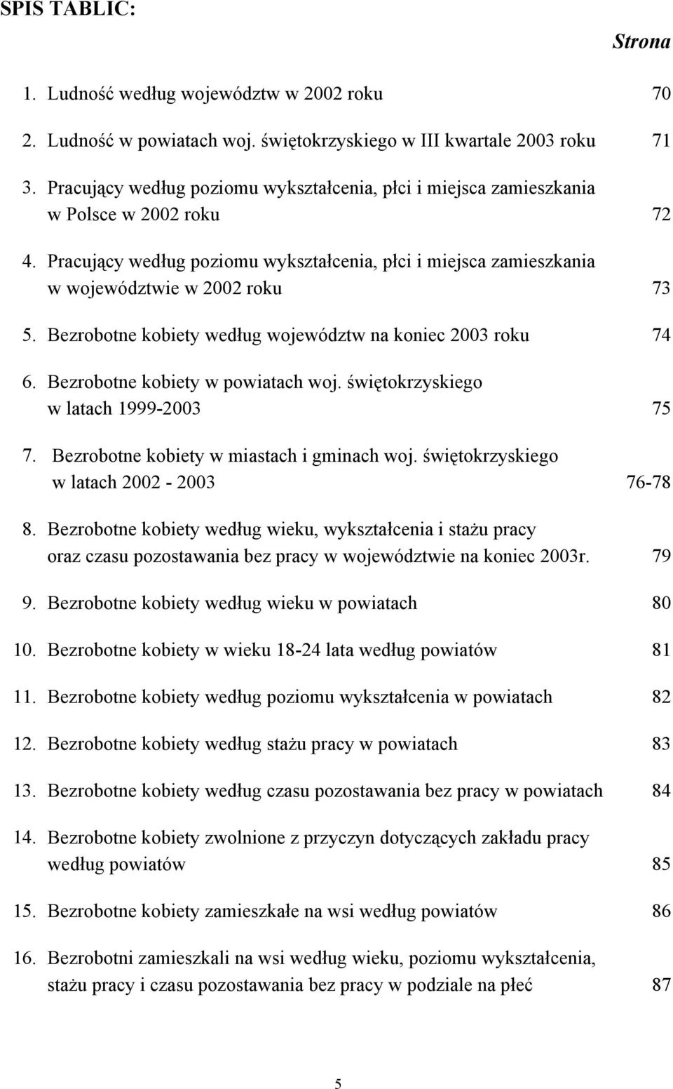 Bezrobotne kobiety według województw na koniec 2003 roku 74 6. Bezrobotne kobiety w powiatach woj. świętokrzyskiego w latach 1999-2003 75 7. Bezrobotne kobiety w miastach i gminach woj.