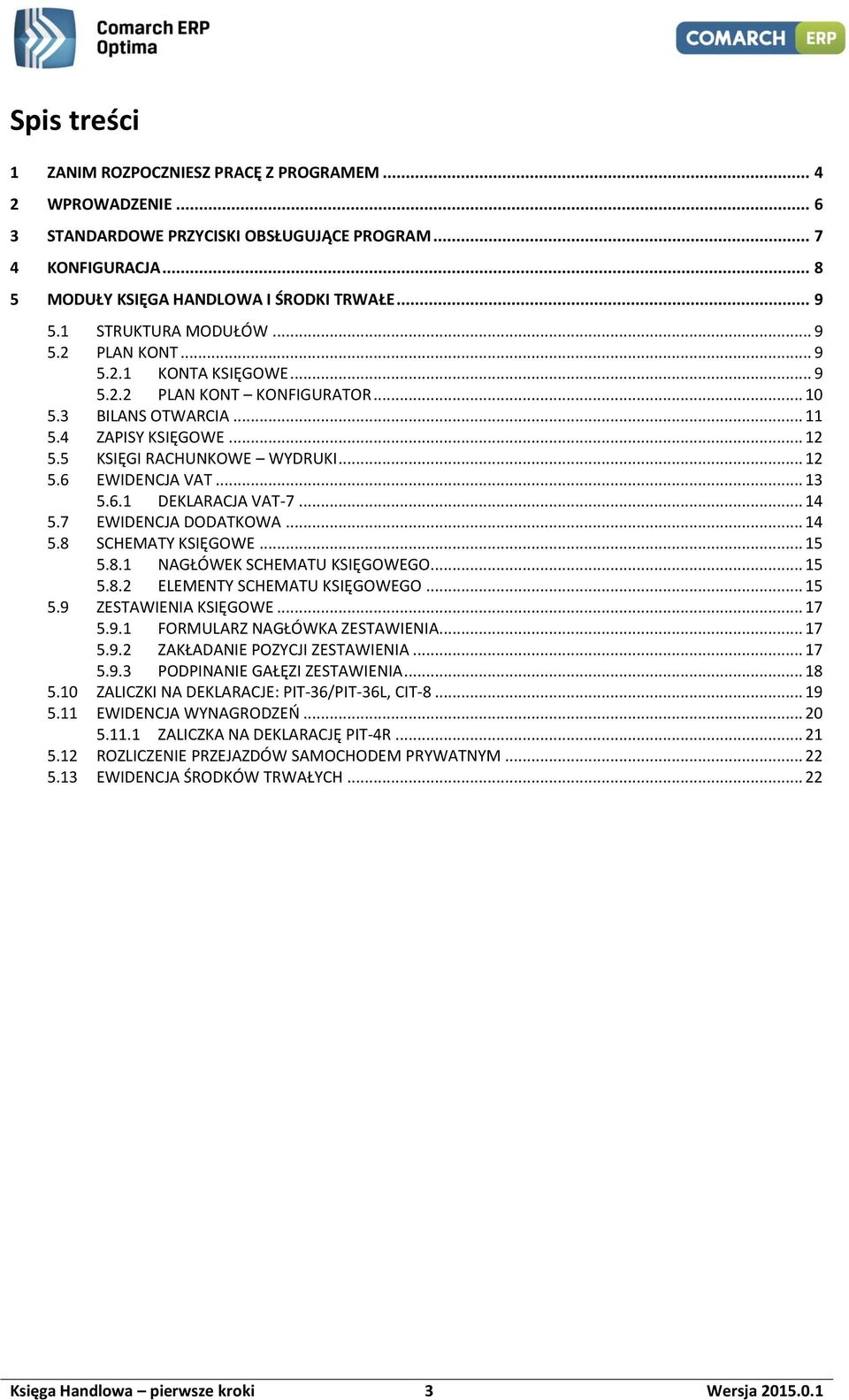 .. 13 5.6.1 DEKLARACJA VAT-7... 14 5.7 EWIDENCJA DODATKOWA... 14 5.8 SCHEMATY KSIĘGOWE... 15 5.8.1 NAGŁÓWEK SCHEMATU KSIĘGOWEGO... 15 5.8.2 ELEMENTY SCHEMATU KSIĘGOWEGO... 15 5.9 ZESTAWIENIA KSIĘGOWE.