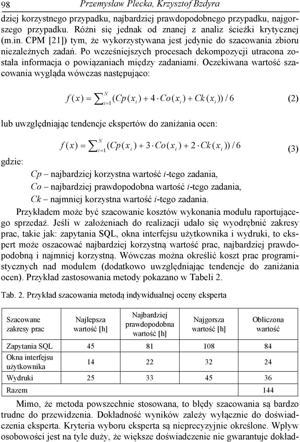 Oczekiwana wartość szacowania wygląda wówczas następująco: N f ( x) = = ( Cp( xi) + 4 Co( xi) + Ck( xi)) i 1 / 6 (2) lub uwzględniając tendencje ekspertów do zaniżania ocen: f ( x) = ( Cp( x + + i i)