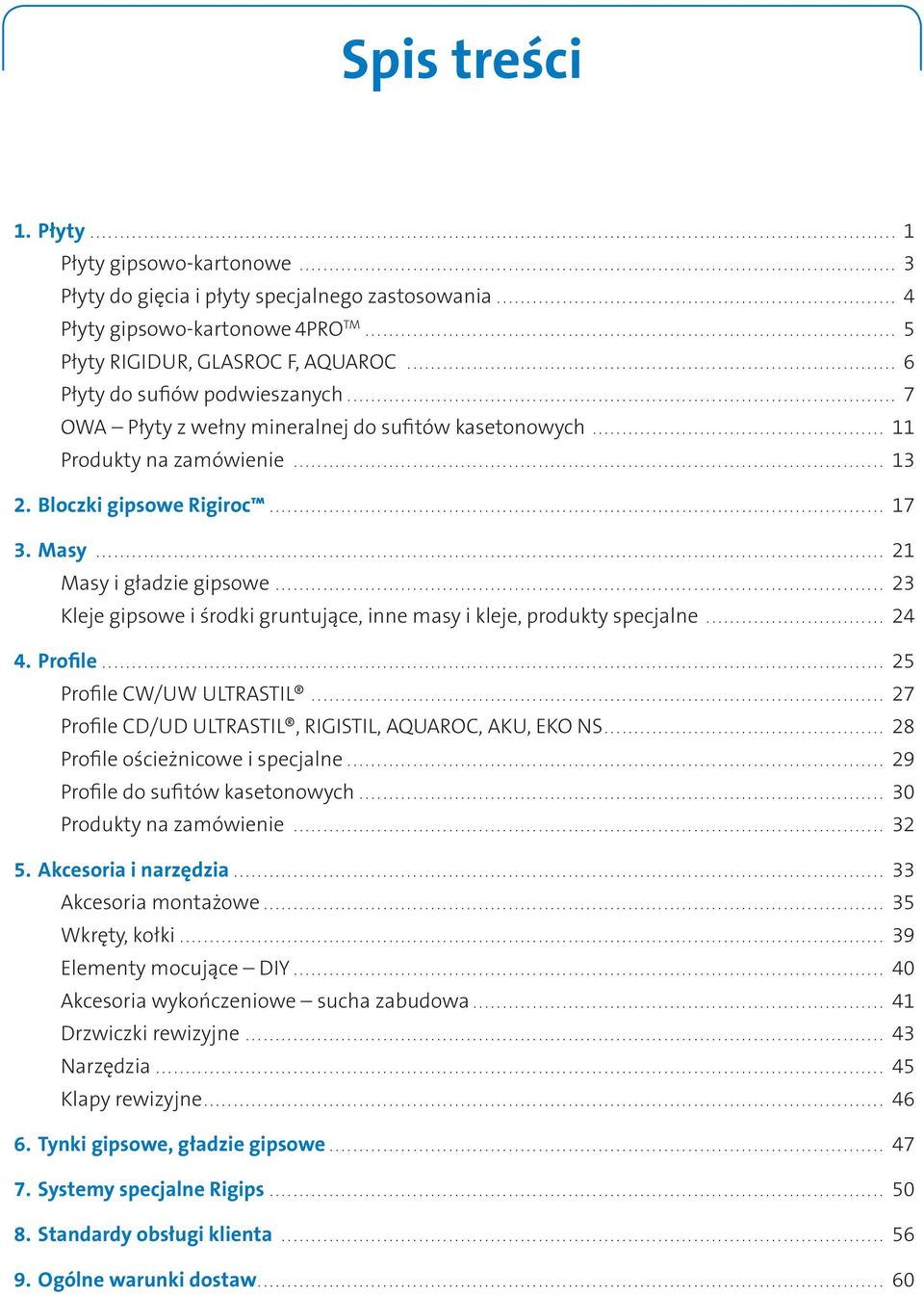 Masy... Masy i gładzie gipsowe... 3 Kleje gipsowe i środki gruntujące, inne masy i kleje, produkty specjalne... 4 4. Profile... 5 Profile CW/UW ULTRASTIL.