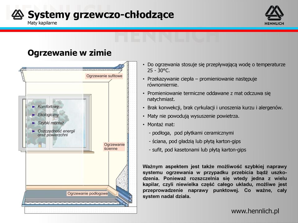 Montaż mat: - podłoga, pod płytkami ceramicznymi - ściana, pod gładzią lub płytą karton-gips - sufit, pod kasetonami lub płytą karton-gips Ważnym aspektem jest także możliwość szybkiej