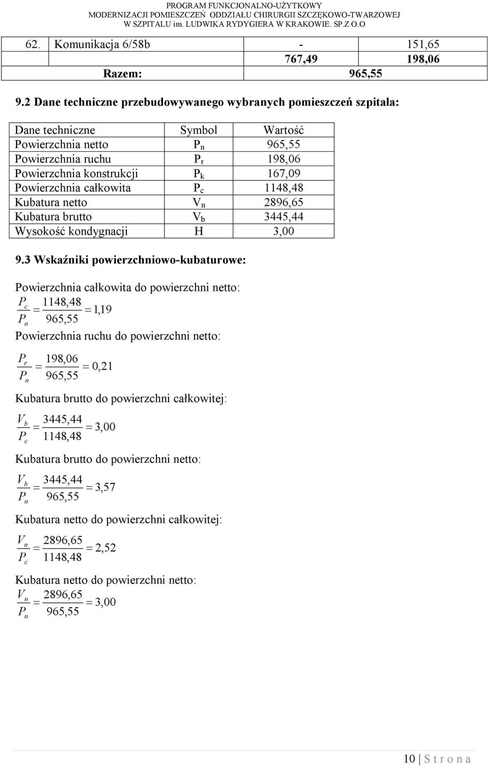 Powierzchnia całkowita P c 1148,48 Kubatura netto V n 2896,65 Kubatura brutto V b 3445,44 Wysokość kondygnacji H 3,00 9.