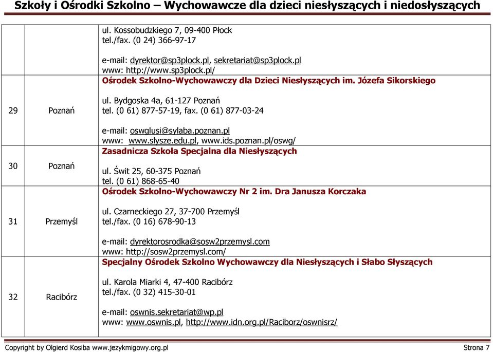 pl www: www.slysze.edu.pl, www.ids.poznan.pl/oswg/ Zasadnicza Szkoła Specjalna dla Niesłyszących ul. Świt 25, 60-375 Poznań tel. (0 61) 868-65-40 Ośrodek Szkolno-Wychowawczy Nr 2 im.