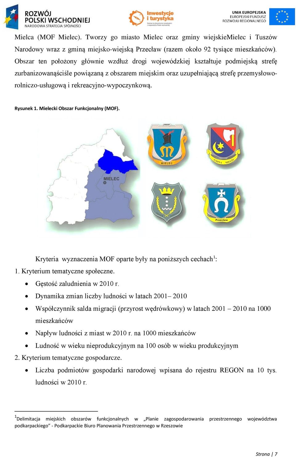 rekreacyjno-wypoczynkową. Rysunek 1. Mielecki Obszar Funkcjonalny (MOF). Kryteria wyznaczenia MOF oparte były na poniższych cechach 1 : 1. Kryterium tematyczne społeczne. Gęstość zaludnienia w 2010 r.