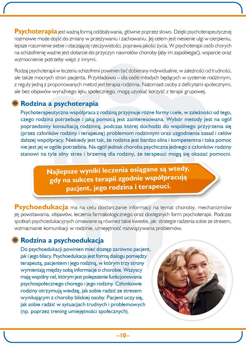 W psychoterapii osób chorych na schizofrenię ważne jest dotarcie do przyczyn nawrotów choroby (aby im zapobiegać), wsparcie oraz wzmocnienie potrzeby więzi z innymi.