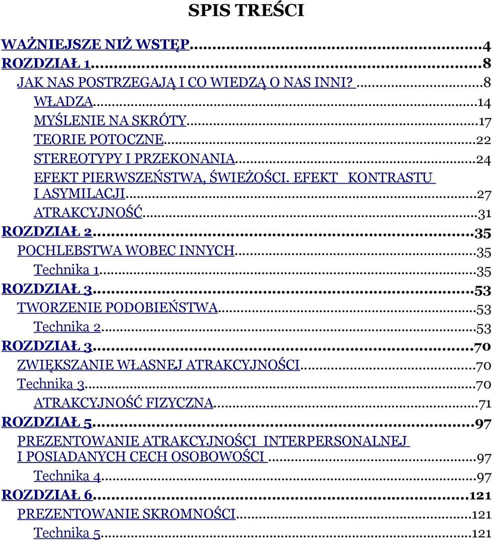 ..35 Technika 1...35 ROZDZIAŁ 3...53 TWORZENIE PODOBIEŃSTWA...53 Technika 2...53 ROZDZIAŁ 3...70 ZWIĘKSZANIE WŁASNEJ ATRAKCYJNOŚCI...70 Technika 3.