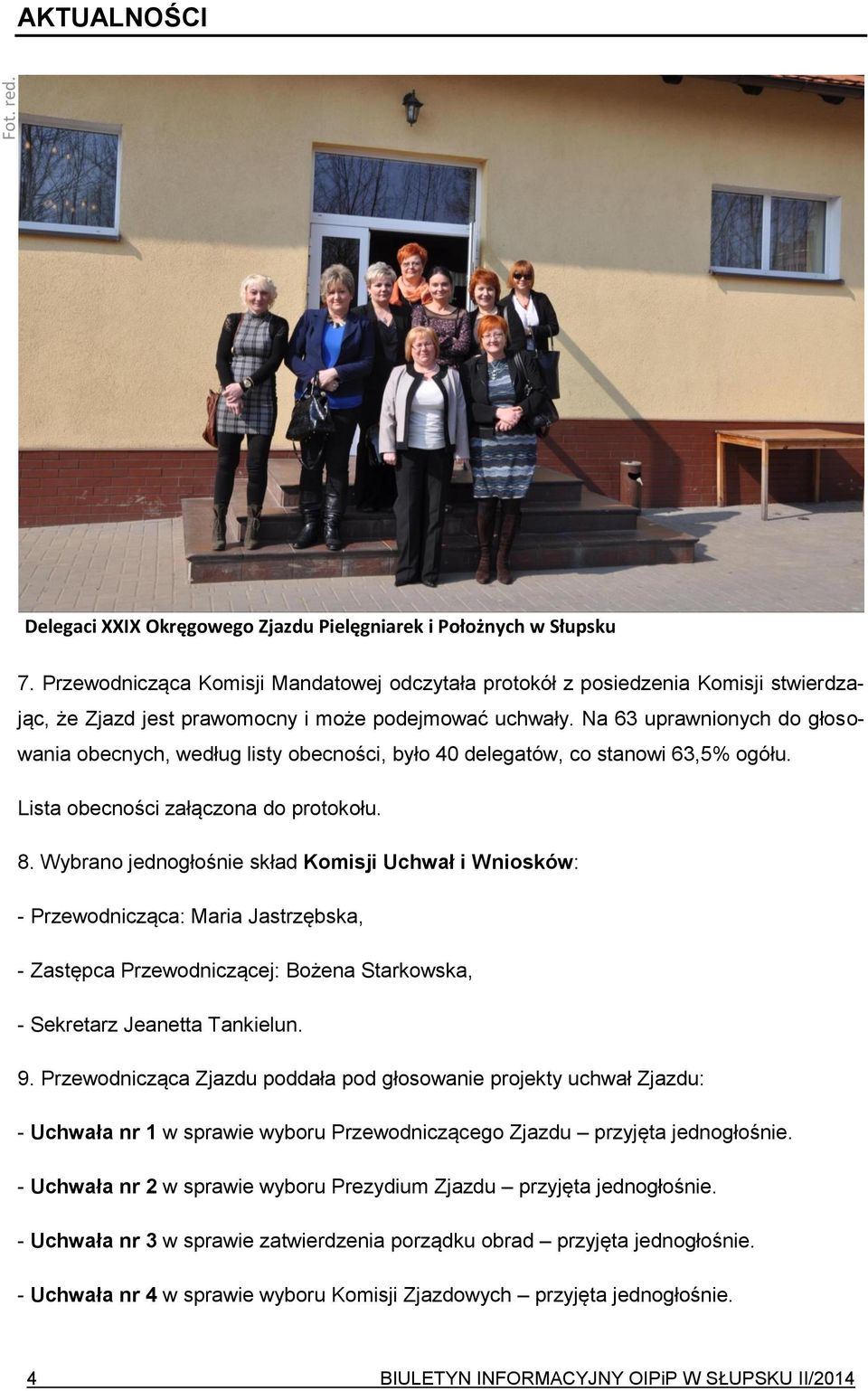 Na 63 uprawnionych do głosowania obecnych, według listy obecności, było 40 delegatów, co stanowi 63,5% ogółu. Lista obecności załączona do protokołu. 8.