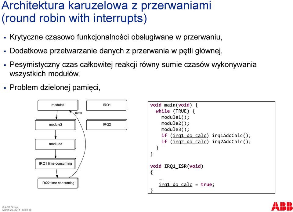 Problem dzielonej pamięci, module1 module2 module3 main IRQ1 IRQ2 void main(void) { while (TRUE) { module1(); module2(); module3(); if