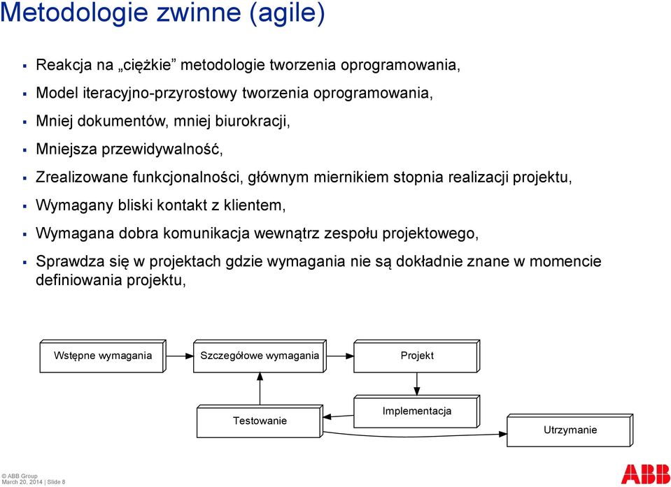 bliski kontakt z klientem, Wymagana dobra komunikacja wewnątrz zespołu projektowego, Sprawdza się w projektach gdzie wymagania nie są dokładnie