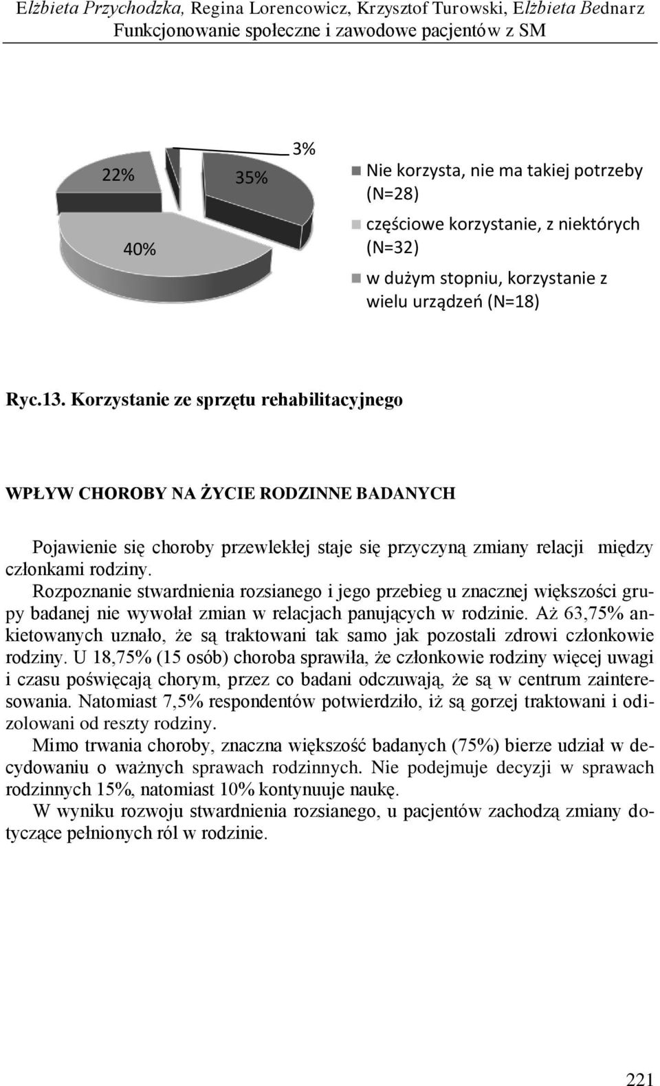 Korzystanie ze sprzętu rehabilitacyjnego WPŁYW CHOROBY NA ŻYCIE RODZINNE BADANYCH Pojawienie się choroby przewlekłej staje się przyczyną zmiany relacji między członkami rodziny.