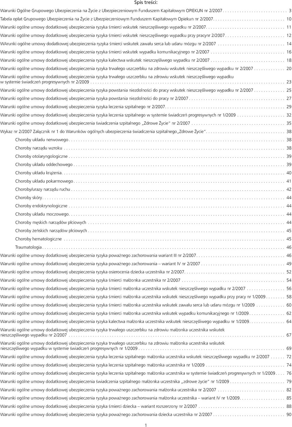 ............................. 10 Warunki ogólne umowy dodatkowej ubezpieczenia ryzyka śmierci wskutek nieszczęśliwego wypadku nr 2/2007.