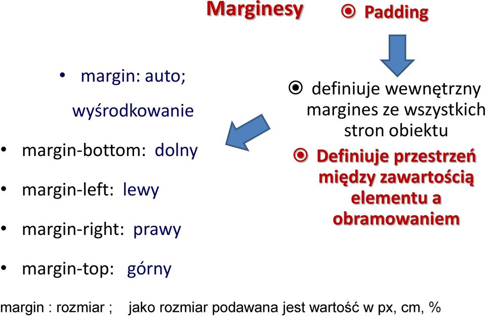 wszystkich stron obiektu Definiuje przestrzeo między zawartością elementu a