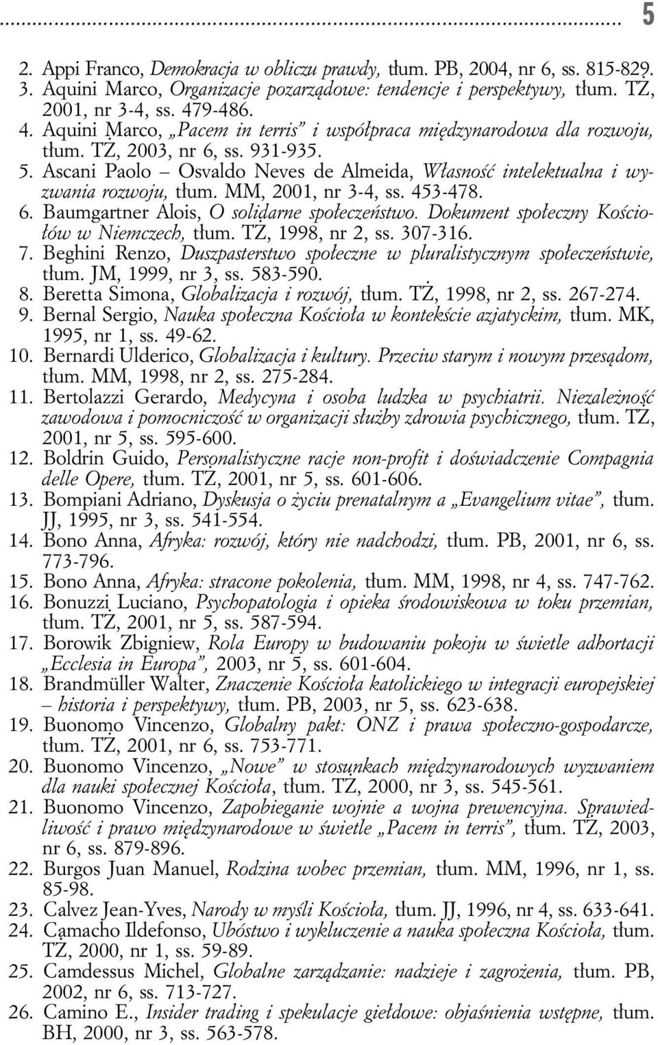 Ascani Paolo Osvaldo Neves de Almeida, Własność intelektualna i wyzwania rozwoju, tłum. MM, 2001, nr 3-4, ss. 453-478. 6. Baumgartner Alois, O solidarne społeczeństwo.
