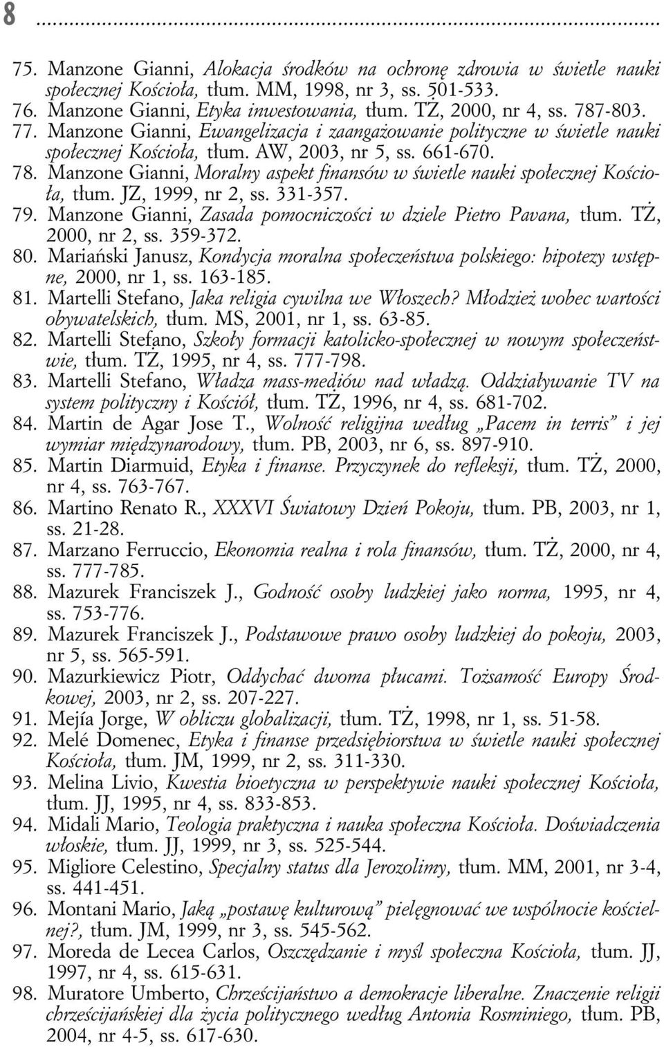 Manzone Gianni, Moralny aspekt finansów w świetle nauki społecznej Kościoła, tłum. JZ, 1999, nr 2, ss. 331-357. 79. Manzone Gianni, Zasada pomocniczości w dziele Pietro Pavana, tłum.