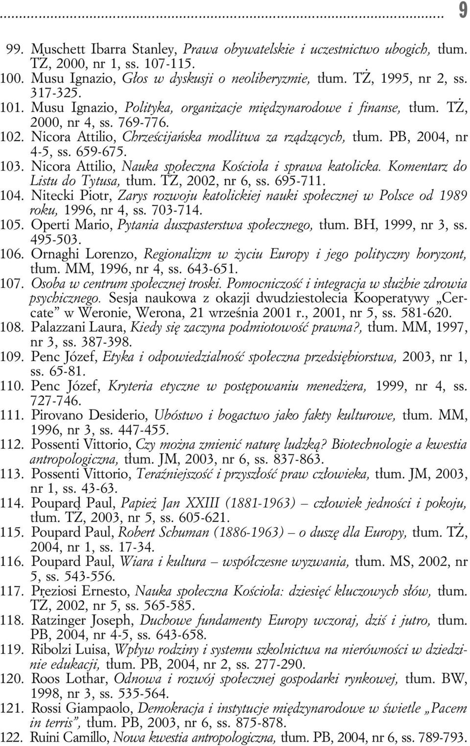 103. Nicora Attilio, Nauka społeczna Kościoła i sprawa katolicka. Komentarz do Listu do Tytusa, tłum. TŻ, 2002, nr 6, ss. 695-711. 104.