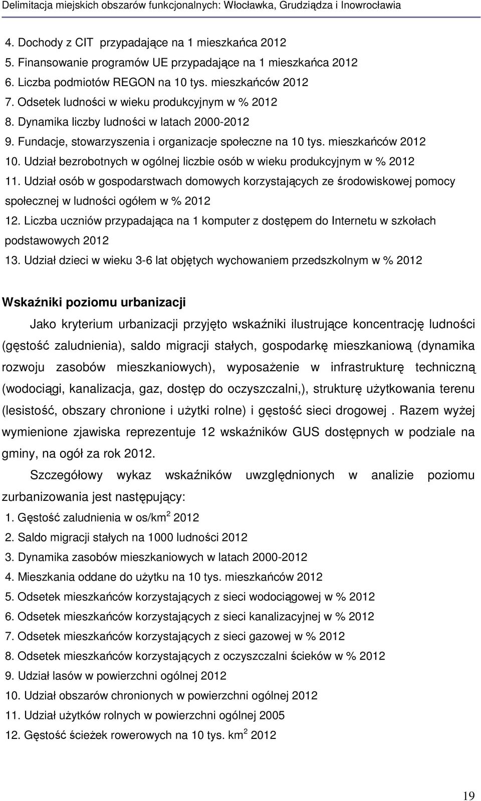 Udział bezrobotnych w ogólnej liczbie osób w wieku produkcyjnym w % 2012 11. Udział osób w gospodarstwach domowych korzystających ze środowiskowej pomocy społecznej w ludności ogółem w % 2012 12.