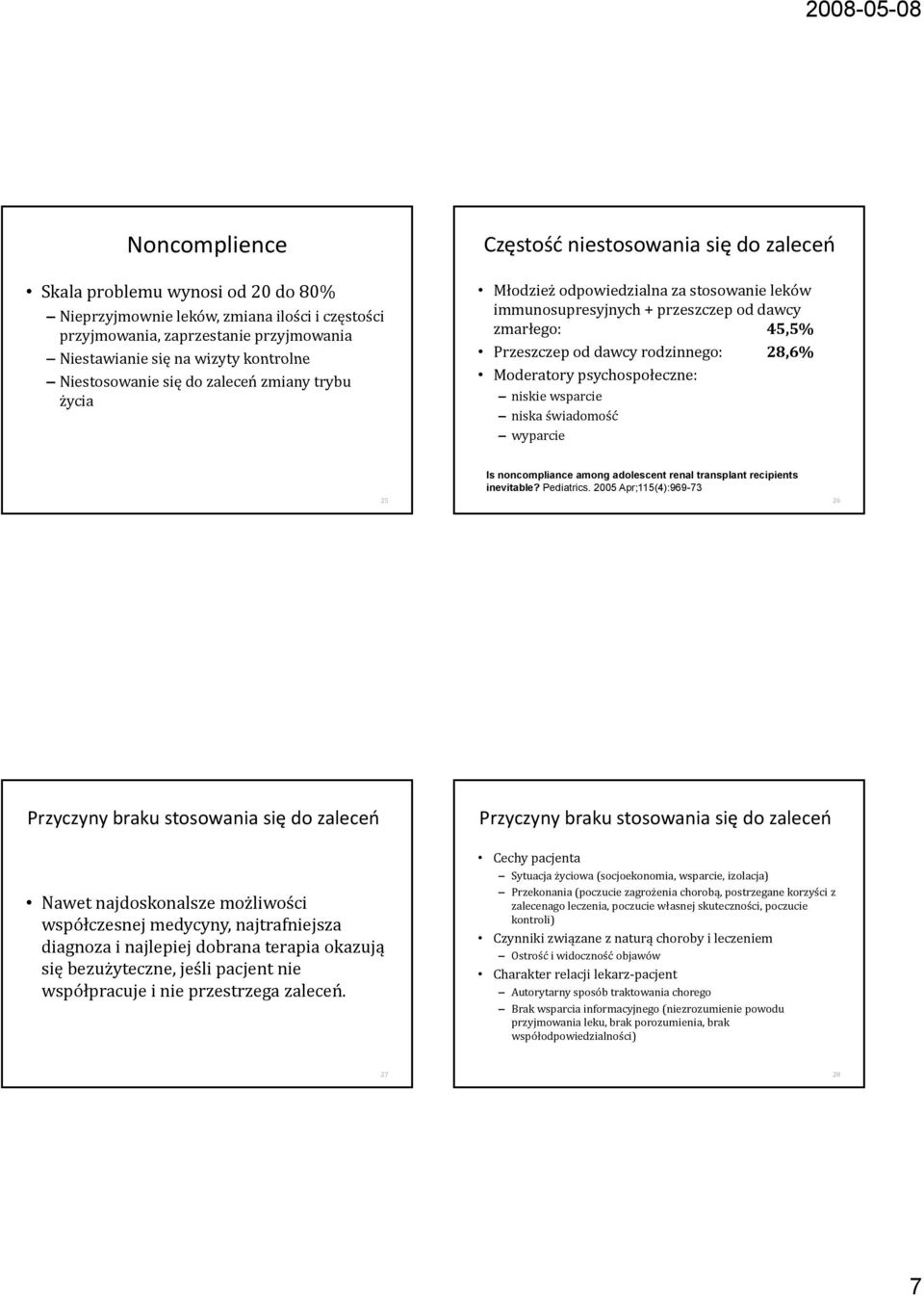 28,6% Moderatory psychospołeczne: niskie wsparcie niska świadomość wyparcie 25 Is noncompliance among adolescent renal transplant recipients inevitable? Pediatrics.