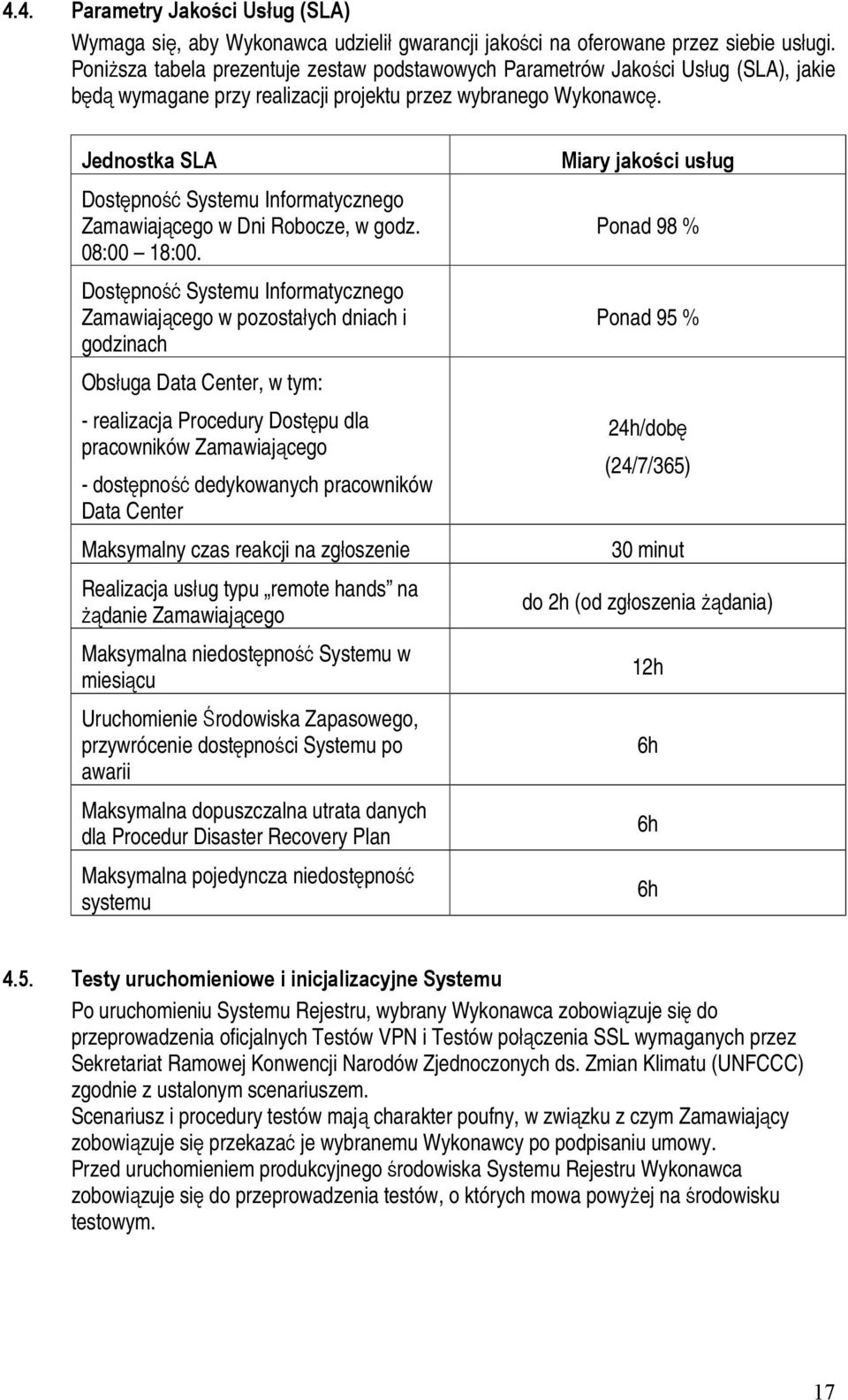 Jednostka SLA Dostępność Systemu Informatycznego Zamawiającego w Dni Robocze, w godz. 08:00 18:00.