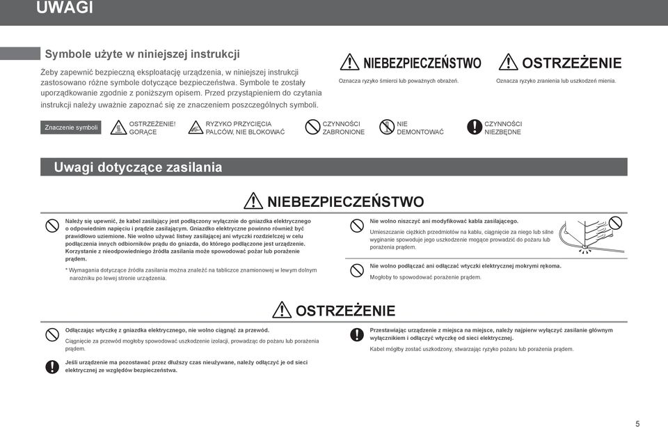 NIEBEZPIECZEŃSTWO Oznacza ryzyko śmierci lub poważnych obrażeń. OSTRZEŻENIE Oznacza ryzyko zranienia lub uszkodzeń mienia. Znaczenie symboli OSTRZEŻENIE!